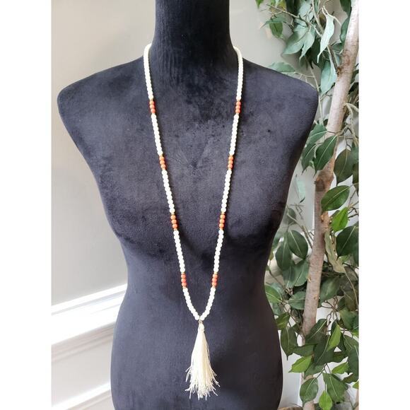 Women Beaded Long Necklace Ivory Red Beads Tassel Pendant Lobster Clasp Jewelry - Picture 2 of 6